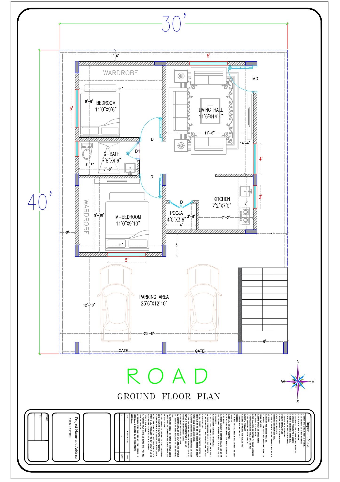 30 by 40 south-facing residential floor plan